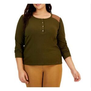 Womens Tommy Hilfiger Plus Waffle Knit Thermal Henley Long Sleeve Shirt Top - 1x